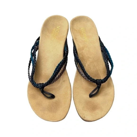Vionic Orthaheel sandals 10 Ramba blue black pewter braid strap flip flop wedge - Picture 5 of 7